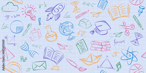 A seamless pattern of colorful school doodles in a playful, hand-drawn style. This 'back to school' background is perfect for kids' education, fabric prints, and wrapping paper.