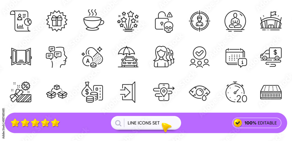 Gps, Cash transit and Approved group line icons for web app. Pack of Headhunting, Mattress, Surprise gift pictogram icons. Vitamin a, Conjunctivitis eye, Open door signs. Exit. Search bar. Vector Gps, Cash transit and Approved group line icons for web app. Pack of Headhunting, Mattress, Surprise gift pictogram icons. Vitamin a, Conjunctivitis eye, Open door signs. Exit. Search bar. Vector