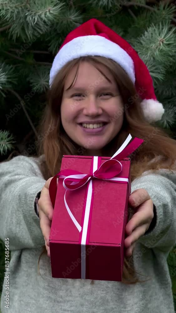 Happy young woman holding present box in hands on Christmas tree background Happy young woman holding present box in hands on Christmas tree background