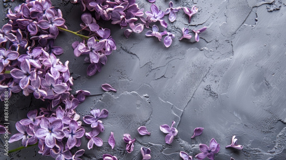 Soft lilac atop gray surface with empty space top down view Soft lilac atop gray surface with empty space top down view