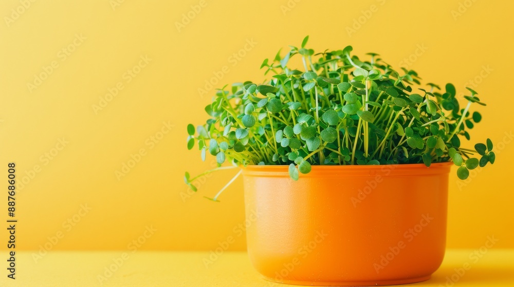 vibrant orange pot of microgreen sprouts on bright yellow background symbolizing health and freshness eye-catching contrast bold colors