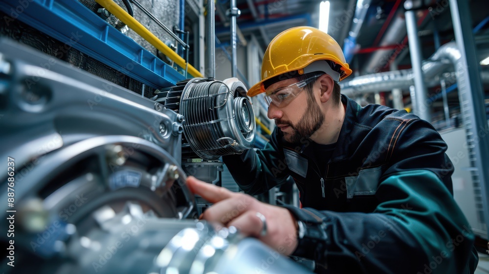 A man in a yellow helmet is working on a machine A man in a yellow helmet is working on a machine