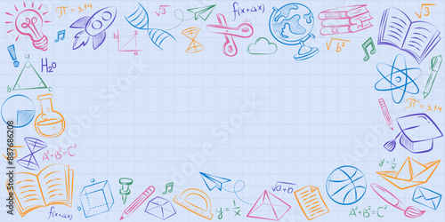 Hand-drawn school doodle frame on a graph paper background. A border of colorful science and art icons with a blank center space for text. Vector template for education, presentations, and flyers.