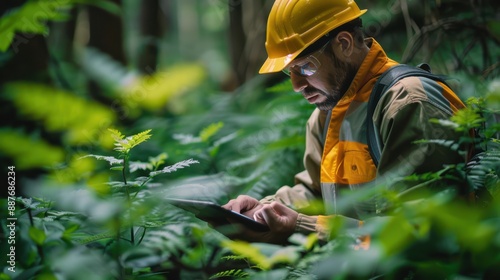 A man in a yellow helmet is looking at a tablet while sitting in a forest