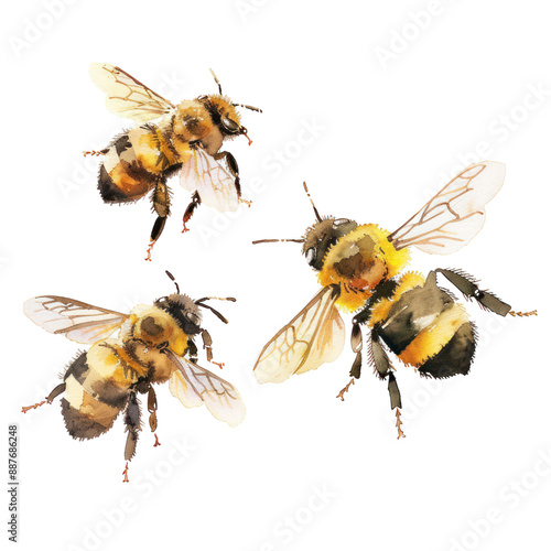 Fototapeta Naklejka Na Ścianę i Meble -  Bees watercolor illustration isolated on transparent. png file for art work, posters, posters, cards, holiday decor.
