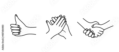 Hand gestures, vector illustration set of icons of various hand signs thin lines