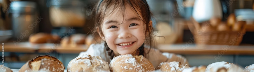 Smiling young girl with bread in bakery. Smiling young girl with bread in bakery.