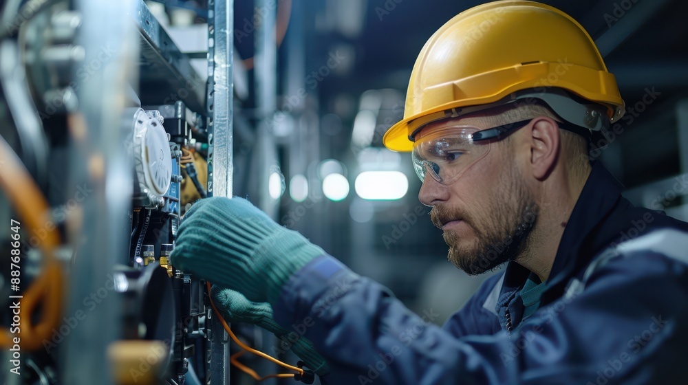 A man in a yellow helmet is working on a piece of equipment A man in a yellow helmet is working on a piece of equipment