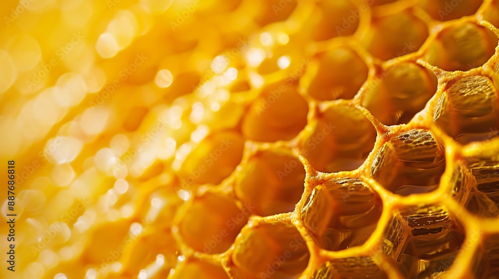 Macro shot of a honeycomb, showing the hexagonal cells and the texture of the wax Macro shot of a honeycomb, showing the hexagonal cells and the texture of the wax