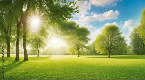 Beautiful warm summer beautiful landscape green field trees eith photo