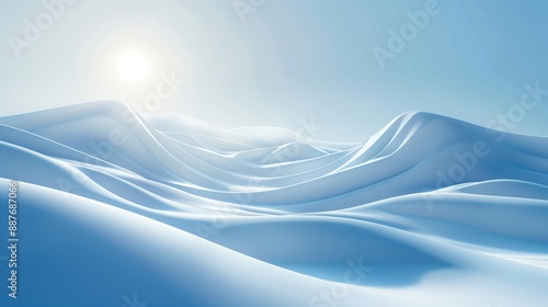 Snow mountains on a light blue background with curved lines depicting light reflection.
