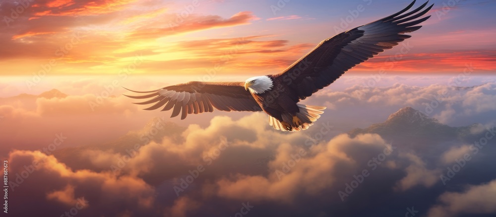 Obraz premium Bald Eagle Soaring Through Sunset Clouds