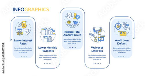 Debt restructuring pros rectangle infographic vector. Financial assistance, advisor. Data visualization with 5 steps. Editable rectangular options chart. Lato-Bold, Regular fonts used