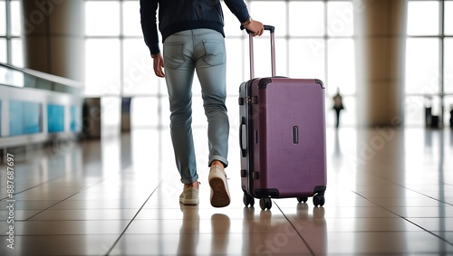 Person Walking Through Airport Terminal with Purple Suitcase


