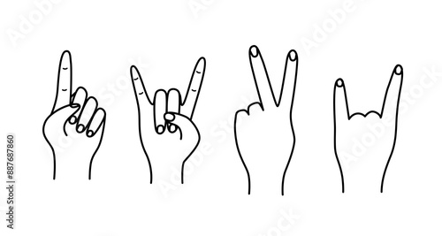 Hand gestures, vector illustration set of icons of various hand signs thin lines