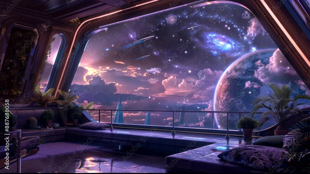 Luxurious space lounge with panoramic galaxy view and sleek modern design. Sci-fi elegance concept Luxurious space lounge with panoramic galaxy view and sleek modern design. Sci-fi elegance concept