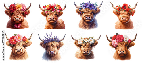 Highland cows with floral crowns isolated on transparent background photo