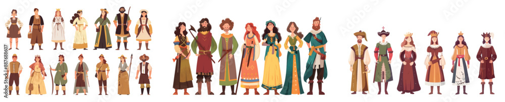 Modern medieval character set of a man and woman dressed in medieval costumes with a fairytale theme. Collection of old european human dresses. Icon of an isolated historical young farmer in a field. Modern medieval character set of a man and woman dressed in medieval costumes with a fairytale theme. Collection of old european human dresses. Icon of an isolated historical young farmer in a field.
