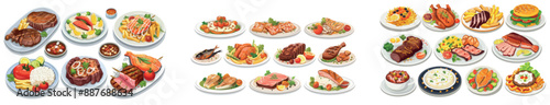 Modern cartoon illustration of meat and fish dishes isolated on white background. Among the dishes are steak and tomatoes, an entrée with potatoes, chicken leg with french fries, salmon with rice,