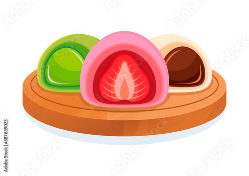 Mochi rice cake on a wooden board illustration. Sweet japanese mochi rice cakes icon isolated on a white background. Strawberry fruit mochi cake drawing