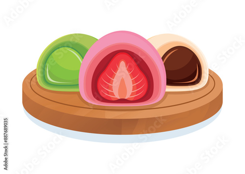 Mochi rice cake on a wooden board vector illustration. Sweet japanese mochi rice cakes icon vector isolated on a white background. Strawberry fruit mochi cake drawing