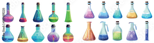 A set of transparent and filled with colored liquid laboratory flasks pictured in a realistic modern illustration. Lab equipment and science glassware.