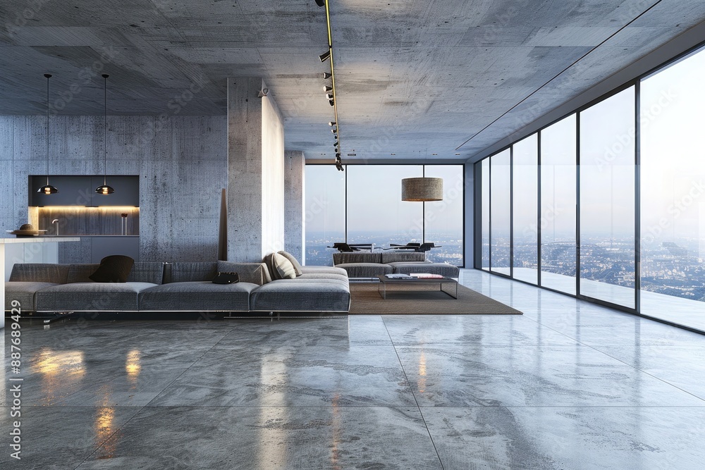 Interior of modern living room with concrete walls, concrete floor, panoramic window with lake view Interior of modern living room with concrete walls, concrete floor, panoramic window with lake view