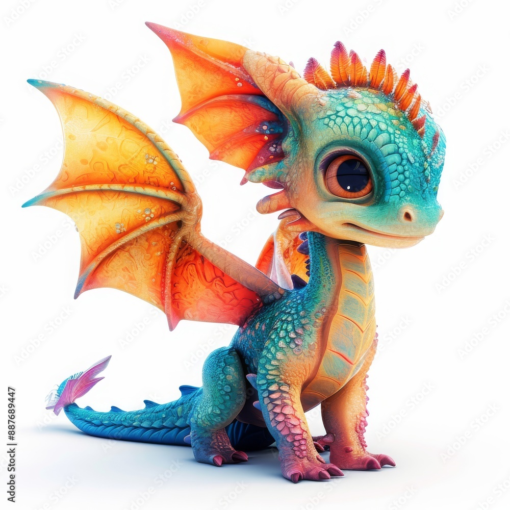 Obraz premium Colorful dragon with wings and tail, ready to soar through the skies, Colorful cute cartoon fairy baby dragon with wings 3D illustration on a white background, Ai generated