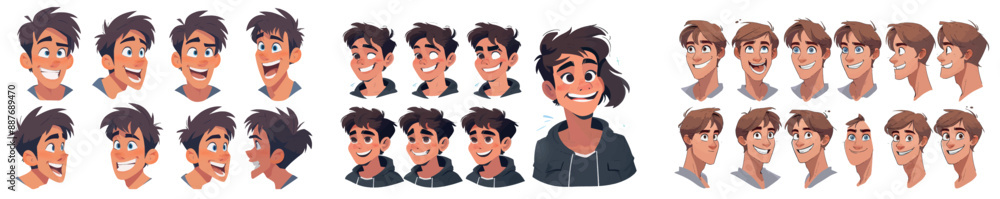 Set of male character avatar creator elements on white background. Hairstyle, eye color, eyebrows, and lips constructors block for game design. Set of male character avatar creator elements on white background. Hairstyle, eye color, eyebrows, and lips constructors block for game design.
