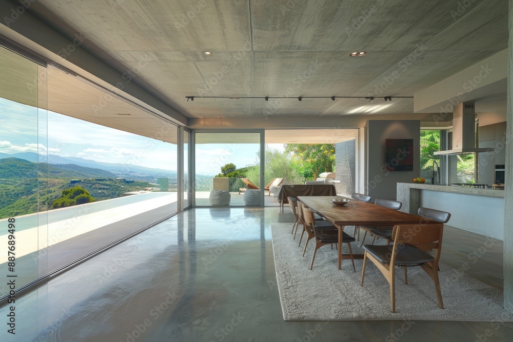 Interior of modern living room with concrete walls, concrete floor, panoramic window with lake view Interior of modern living room with concrete walls, concrete floor, panoramic window with lake view