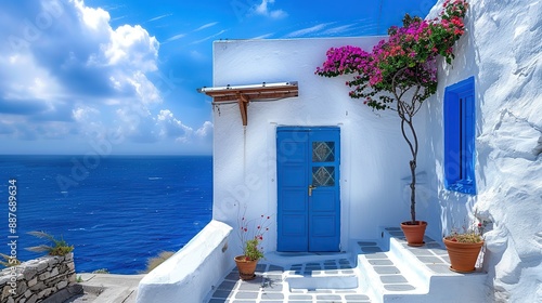 Fototapeta Naklejka Na Ścianę i Meble -  Beautiful greek house with blue door and window, stairs leading to the ocean in front of it, greece landscape, blue sky, white walls, blue tiles on roof. copy space for text.