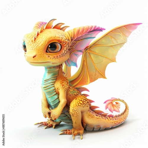 Vibrant dragon with wings and tail, displaying a majestic and fierce appearance, Colorful cute cartoon fairy baby dragon with wings 3D illustration on a white background, Ai generated photo