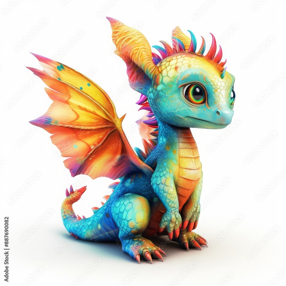 Fototapeta premium A dragon with colorful scales, wings, and a long tail, exuding a sense of power and mystery, Colorful cute cartoon fairy baby dragon with wings 3D illustration on a white background, Ai generated