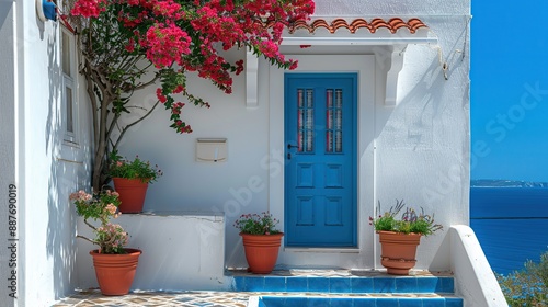 Fototapeta Naklejka Na Ścianę i Meble -  Beautiful greek house with blue door and window, stairs leading to the ocean in front of it, greece landscape, blue sky, white walls, blue tiles on roof. copy space for text.