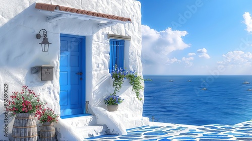 Fototapeta Naklejka Na Ścianę i Meble -  Beautiful greek house with blue door and window, stairs leading to the ocean in front of it, greece landscape, blue sky, white walls, blue tiles on roof. copy space for text.