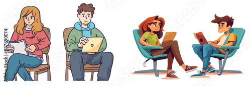 Female and male writers and authors creating essays on a laptop and notebook in a cartoon illustration set of male and female copywriters and authors.