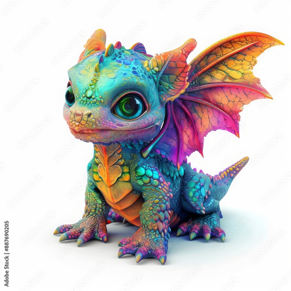 Fototapeta premium A dragon with colorful scales, wings, and a long tail, exuding a sense of power and mystery, Colorful cute cartoon fairy baby dragon with wings 3D illustration on a white background, Ai generated