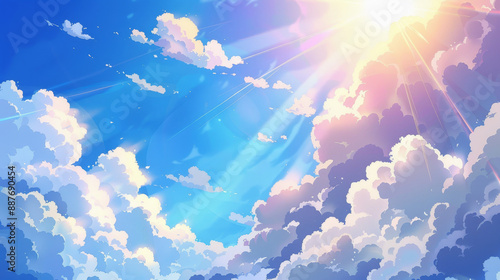 A vibrant anime-style background depicting a blue sky adorned with fluffy white clouds. The shining sun radiates warmth, creating a cheerful atmosphere.  © Mahmud
