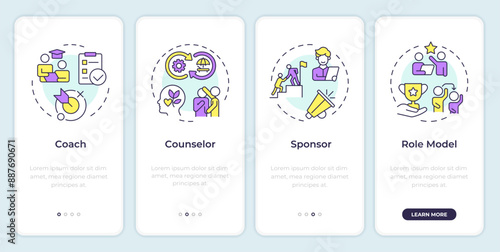 Common mentor roles onboarding mobile app screen. Walkthrough 3 steps editable graphic instructions with linear concepts. UI, UX, GUI template. Montserrat SemiBold, Regular fonts used