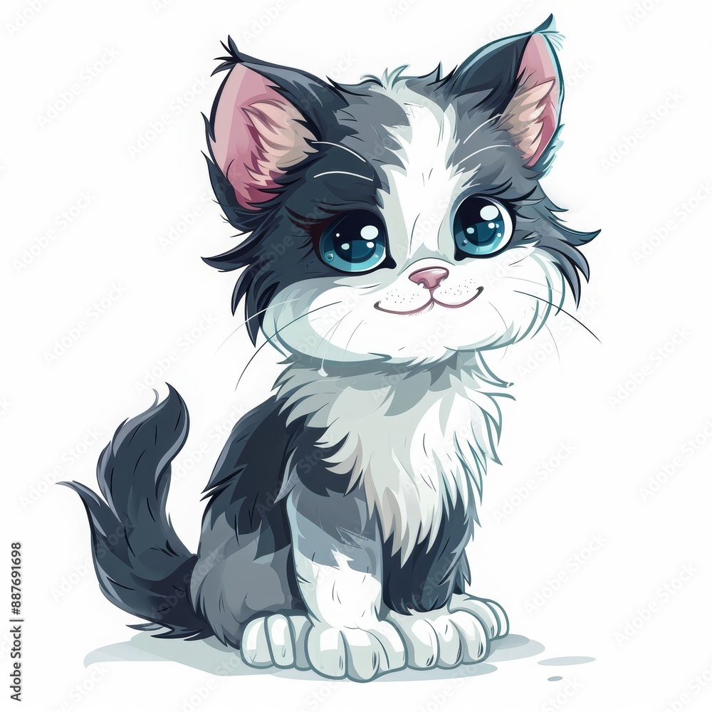 Obraz premium Cute Kitty vector illustration on a white background, A cute cartoon kitten with bright blue eyes, Ai generated
