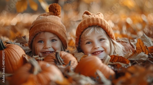 Two happy children in knitted hats play in a pile of pumpkins and autumn leaves.