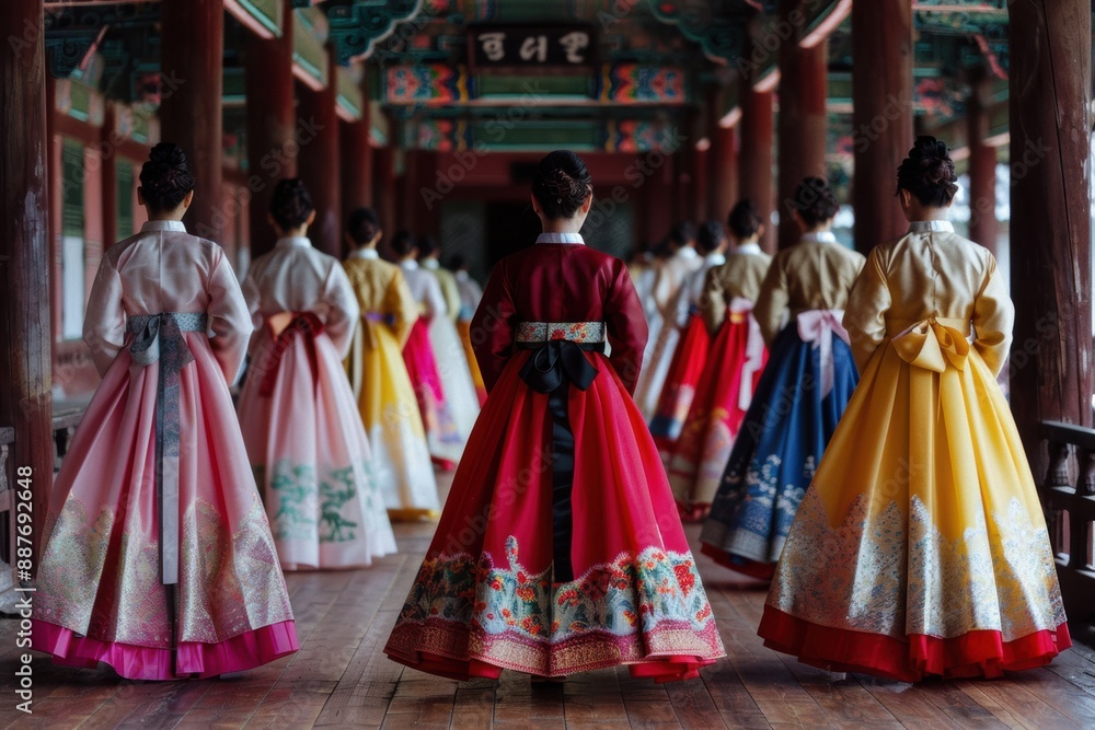 A traditional Korean hanbok fashion show, with models wearing colorful and elaborate hanboks, set against the backdrop of an ancient palace A traditional Korean hanbok fashion show, with models wearing colorful and elaborate hanboks, set against the backdrop of an ancient palace