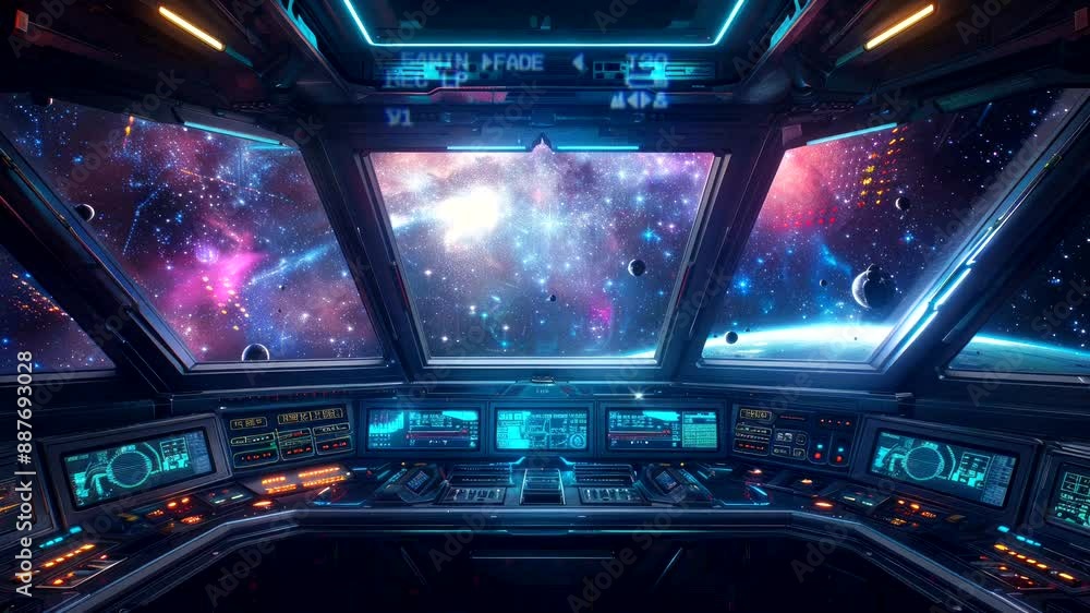 Spaceship cockpit view of galaxy with high-tech controls and futuristic design. Space exploration concept Spaceship cockpit view of galaxy with high-tech controls and futuristic design. Space exploration concept