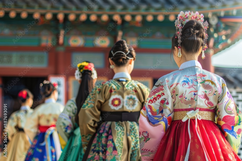 A traditional Korean hanbok fashion show, with models wearing colorful and elaborate hanboks, set against the backdrop of an ancient palace A traditional Korean hanbok fashion show, with models wearing colorful and elaborate hanboks, set against the backdrop of an ancient palace