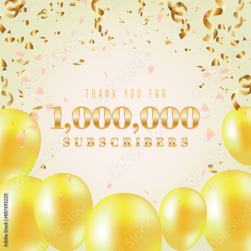 1M subscribers celebration design. Gold text with baloons on light background. Luxurious 1M subscribers logo post banner for social media.