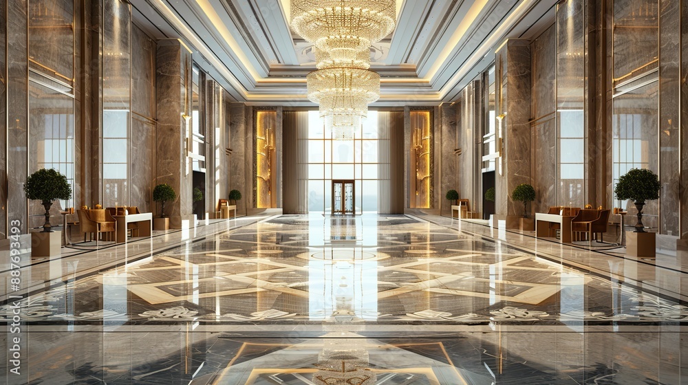 Obraz premium Luxury hotel lobby with chandelier and elegant marble flooring. copy space for text.