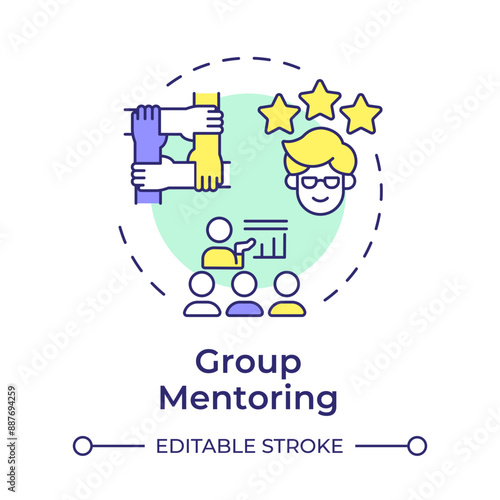 Group mentoring multi color concept icon. Group meetings. Professional growth. Team building. Cooperation. Round shape line illustration. Abstract idea. Graphic design. Easy to use in blog post