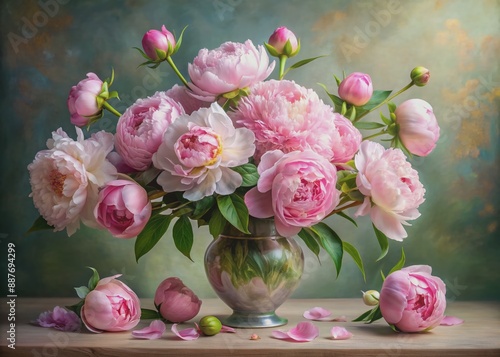 Delicate pink peonies and tender buds bloom in an elegant still life, showcasing lush petals and soft delicate textures in a beautiful oil painting. photo