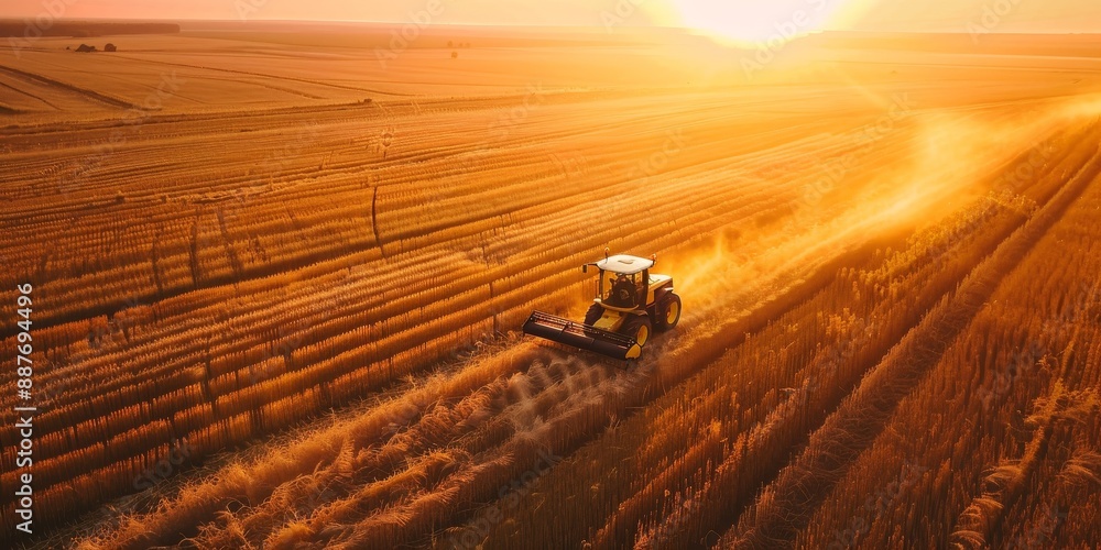 Aerial View of Tractor Harvesting Wheat Field at Sunset Aerial View of Tractor Harvesting Wheat Field at Sunset