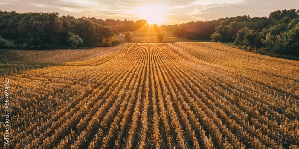 Fototapeta premium Aerial View of Harvested Field at Sunset